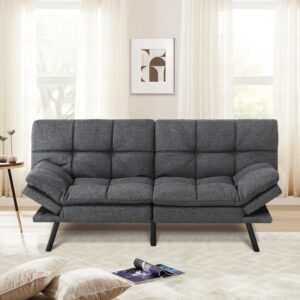 muuegm modern futon sofa bed with loveseat, sleeper sofa for living room,adjustable backrests and armrests, memory foam lounge sofa couch in dark gray linen fabric.(dark gray, fabric)