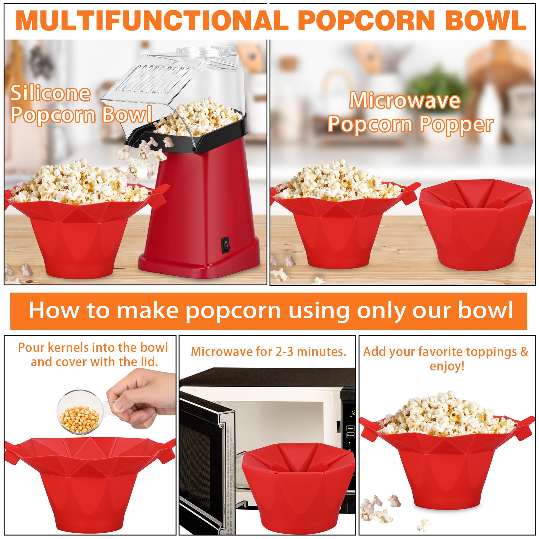 ATSENT Hot Air Popcorn Popper Maker with Popcorn Bowl, Fast Popcorn Machine in Minutes with Measuring Cup and Butter Melting Tray for Party Kids,16 Cups, Red