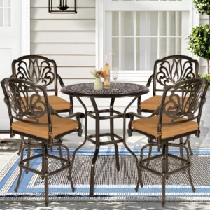 socialcomfy 5 piece bar height patio dining set, all weather cast aluminum swivel bar stools chair set of 4 and 35.4" high bar table w/umbrella hole, outdoor bar table & chairs set for deck garden