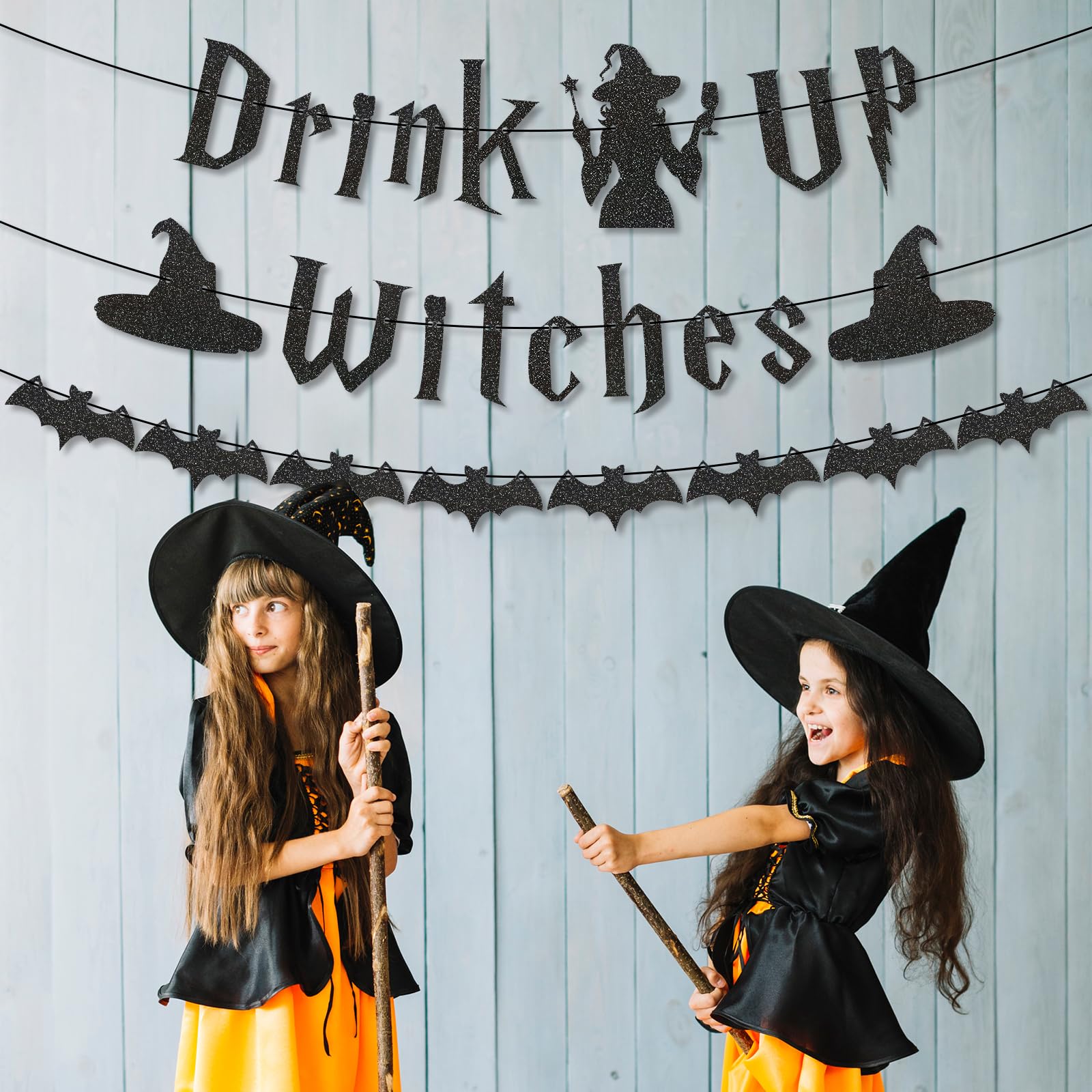 Stcomart Pre-Strung Glitter Drink Up Witches Banner for Halloween Witch Decorations, Witch Halloween Decor, Halloween Party Decorations, Black