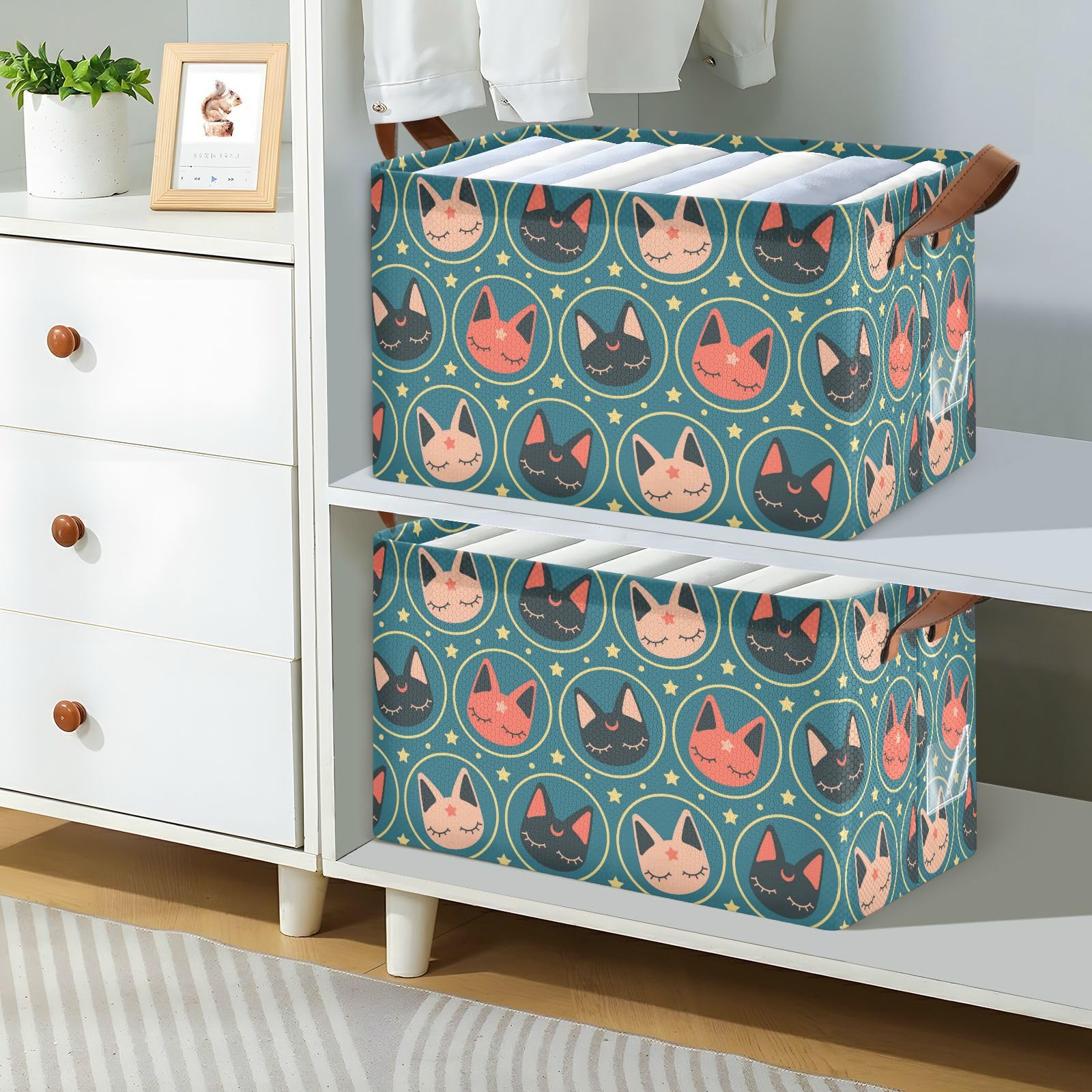 Jinhinox Circle Stars Cats Storage Bins Large Shelf Storage Baskets Boxes Closet Fabric Cube Foldable Storage Bin Organizer for Shelves Organizing Clothes Dorm Home Office Nursery