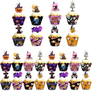 48Pcs Halloween Cupcake Toppers and Liners, Halloween Cupcake Decorations, Cake Toppers for Halloween Birthday Party, Baby Shower, Spooky One Birthday