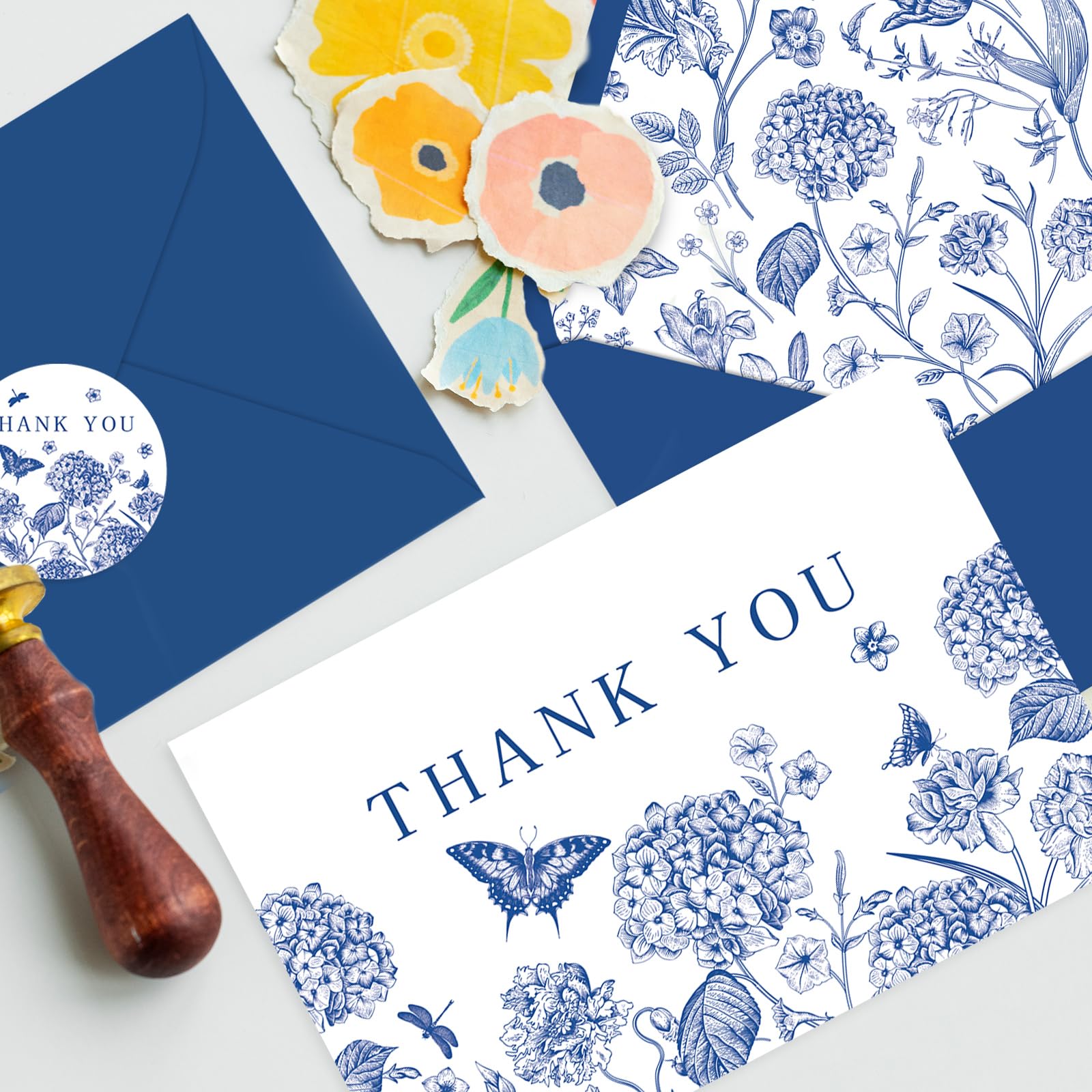 Whaline 24Pcs Blue Floral Thank You Cards with Envelopes and Stickers Blue Flower Butterfly Greeting Cards Vintage Blank Note Cards for Wedding Bridal Baby Shower