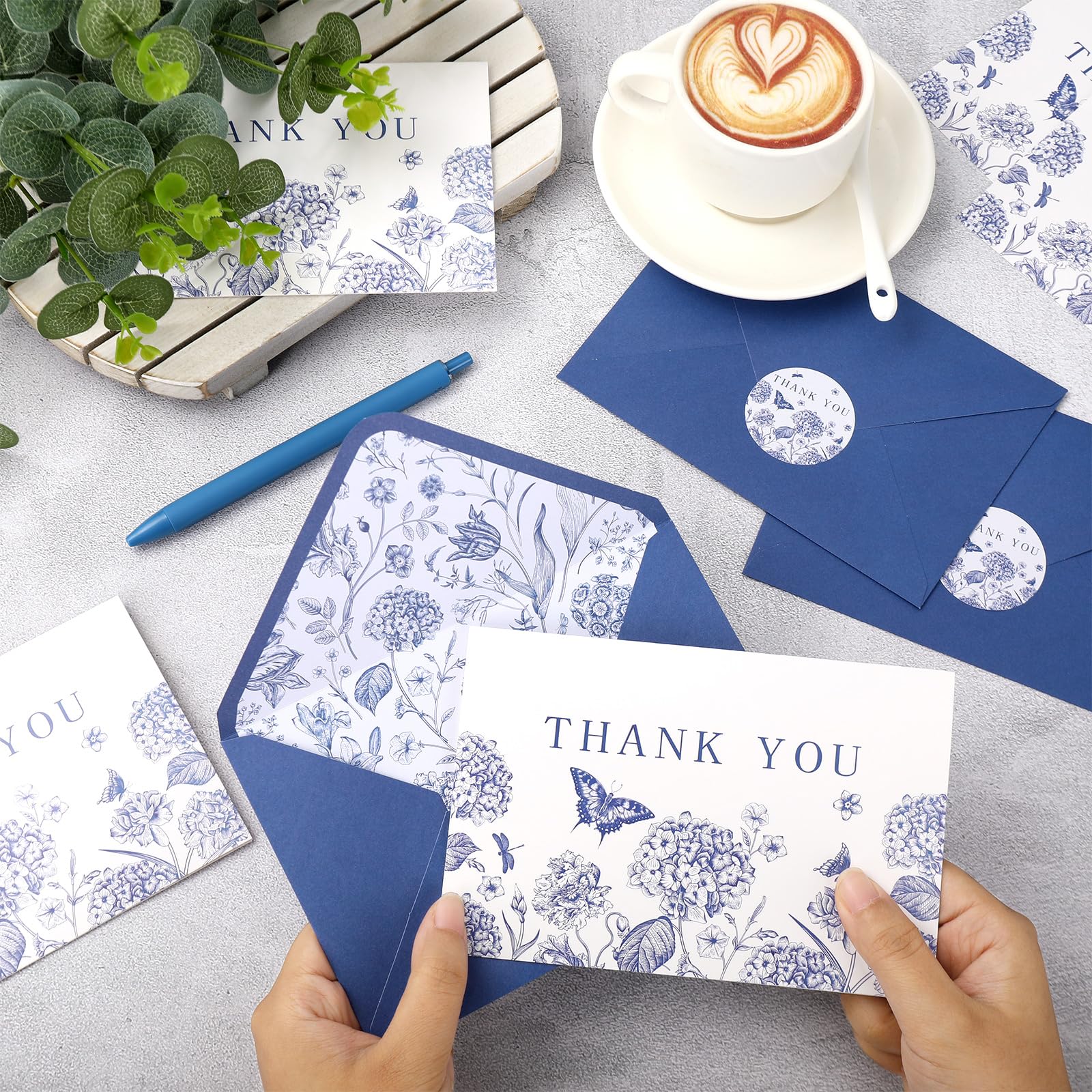 Whaline 24Pcs Blue Floral Thank You Cards with Envelopes and Stickers Blue Flower Butterfly Greeting Cards Vintage Blank Note Cards for Wedding Bridal Baby Shower