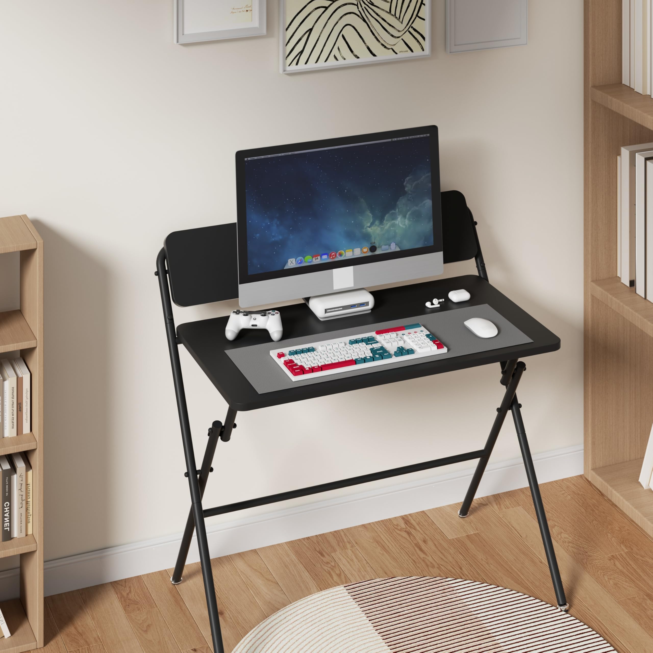 Vipass Small Folding Home Office Desk,2-Tier Foldable Computer Desk,Space Saving Portable Laptop Study Foldable Table for Small Spaces,Black