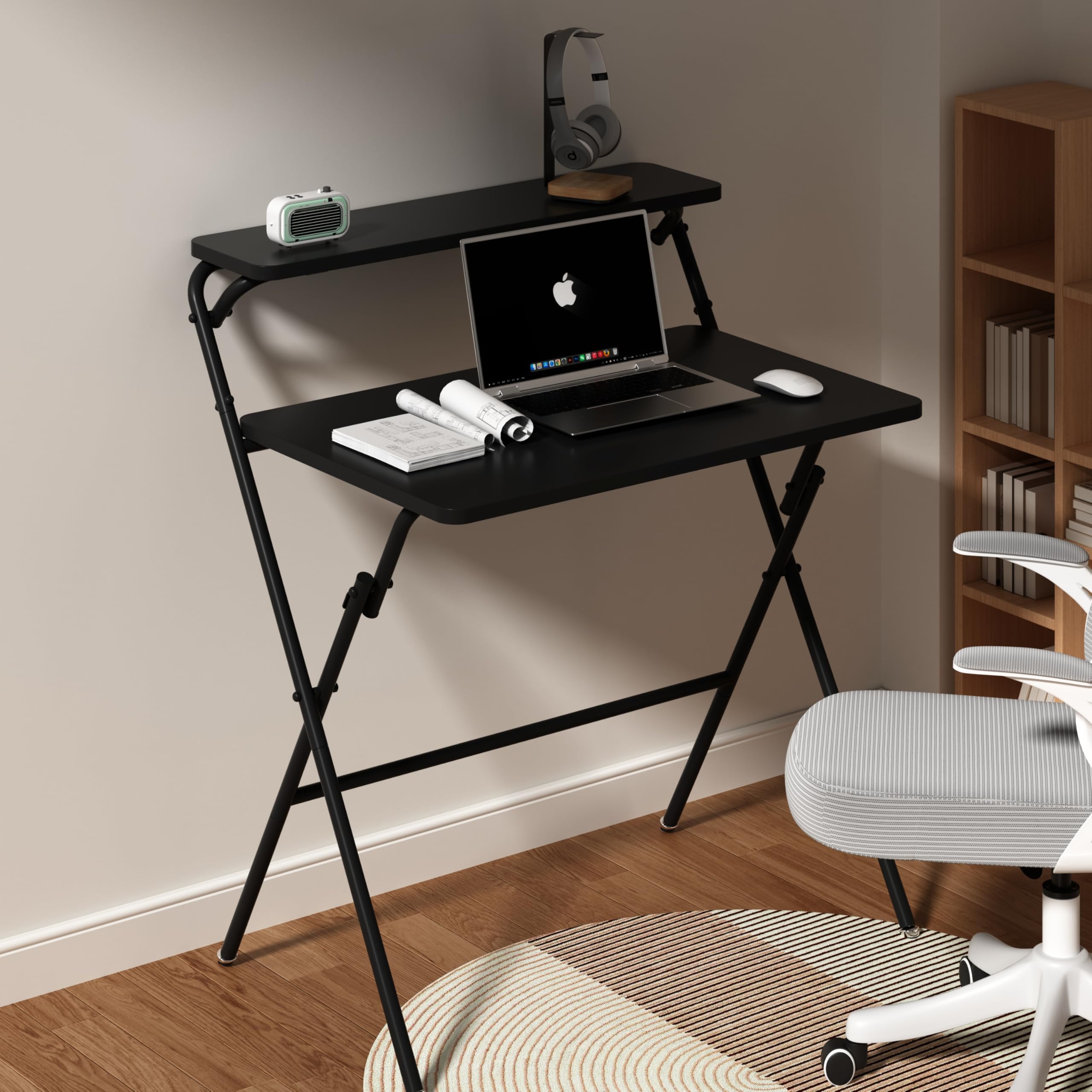 Vipass Small Folding Home Office Desk,2-Tier Foldable Computer Desk,Space Saving Portable Laptop Study Foldable Table for Small Spaces,Black