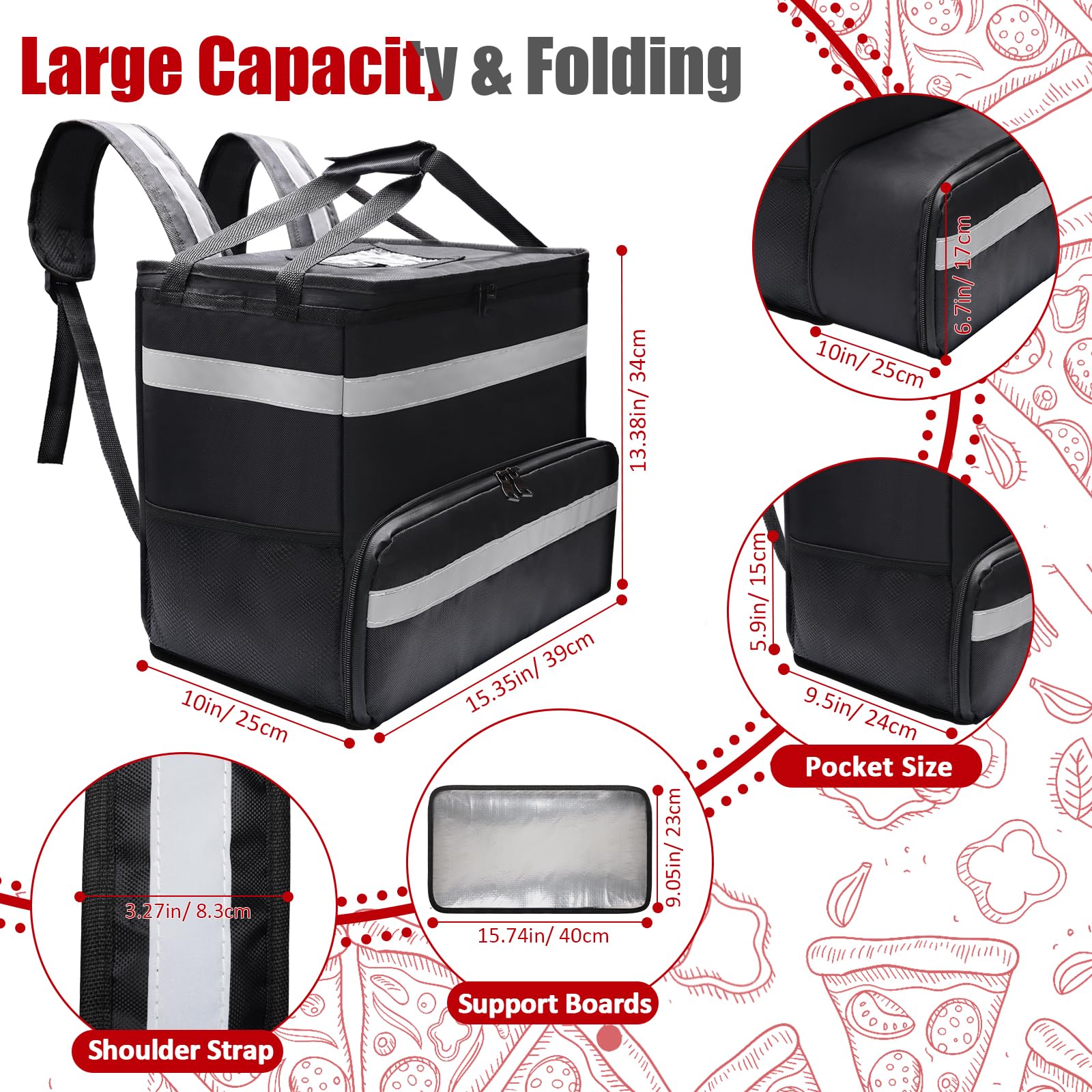 Anglekai Food Delivery Backpack for Bike, Expandable Pizza Delivery Bags with 2 Pockets/ 2 Support Boards/Reflective Strip, Insulated Delivery Bags for Food Delivery Bags for Bike