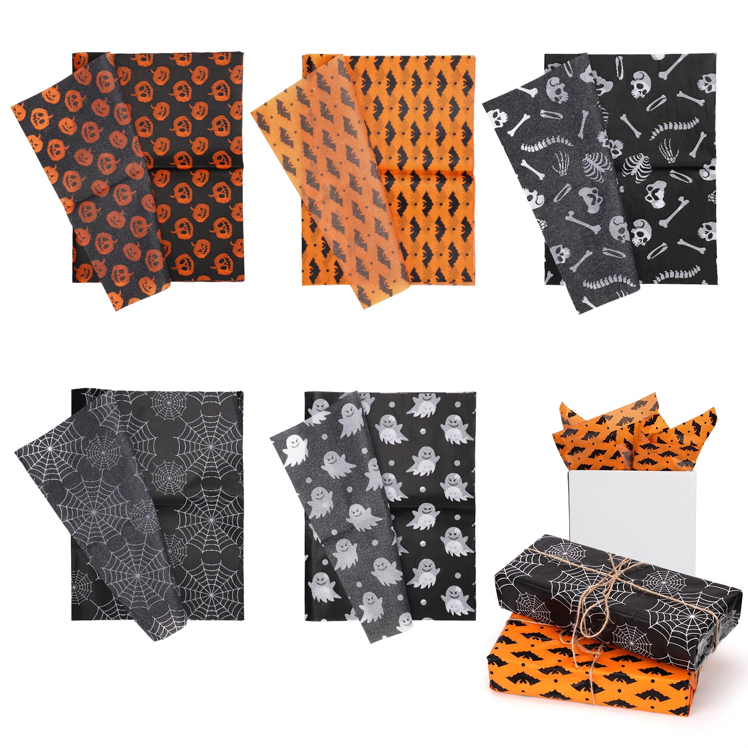 30 Sheets Halloween Packaging Tissue Papers, 5 Styles Tissue Paper Wrapping Tissue Paper Gift Wrapping Paper for Halloween Party Gift Decorations