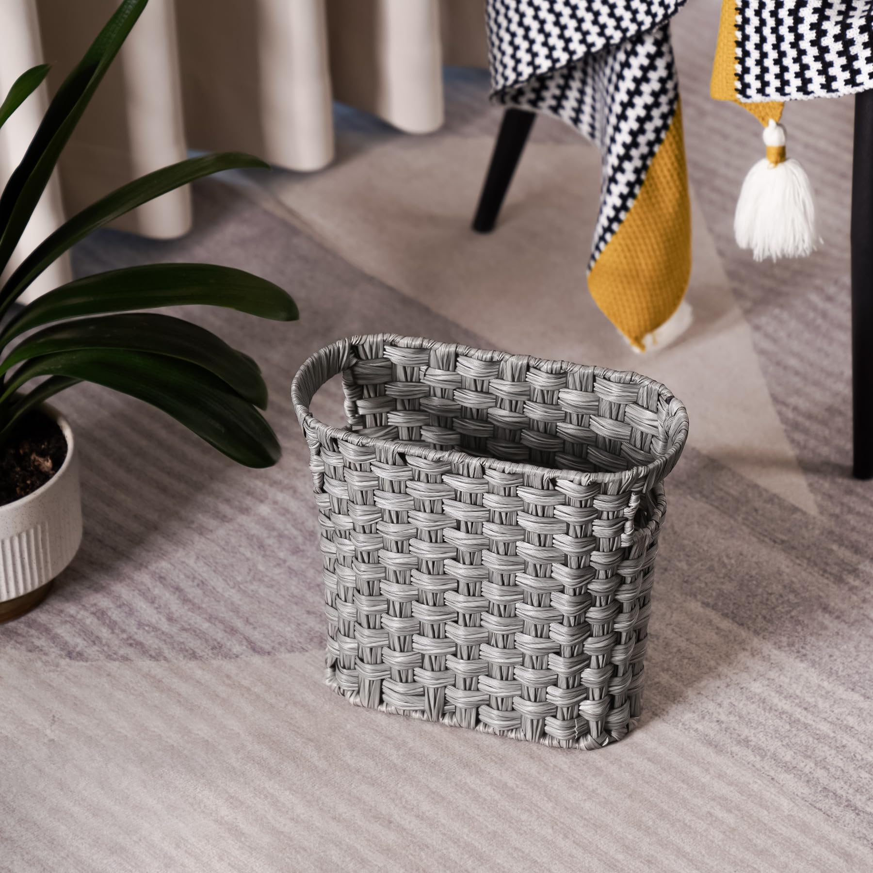 Wicker Waste Basket, Wicker Trash Can with Built-in Handles, Multifunctional Mini Wicker Basket for Home and Office, Compact Design and Durable Construction with Fine Artisanal Craftsmanship (Gray)