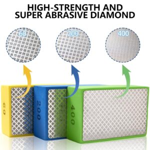 XKDOUS 3PCS Diamond Hand Polishing Pads,Diamond Sanding Pads 60/200/400 Grit Sanding Block Foam Backing for Tile Glass Stone Marble Granite Ceramics Metal Wet&Dry