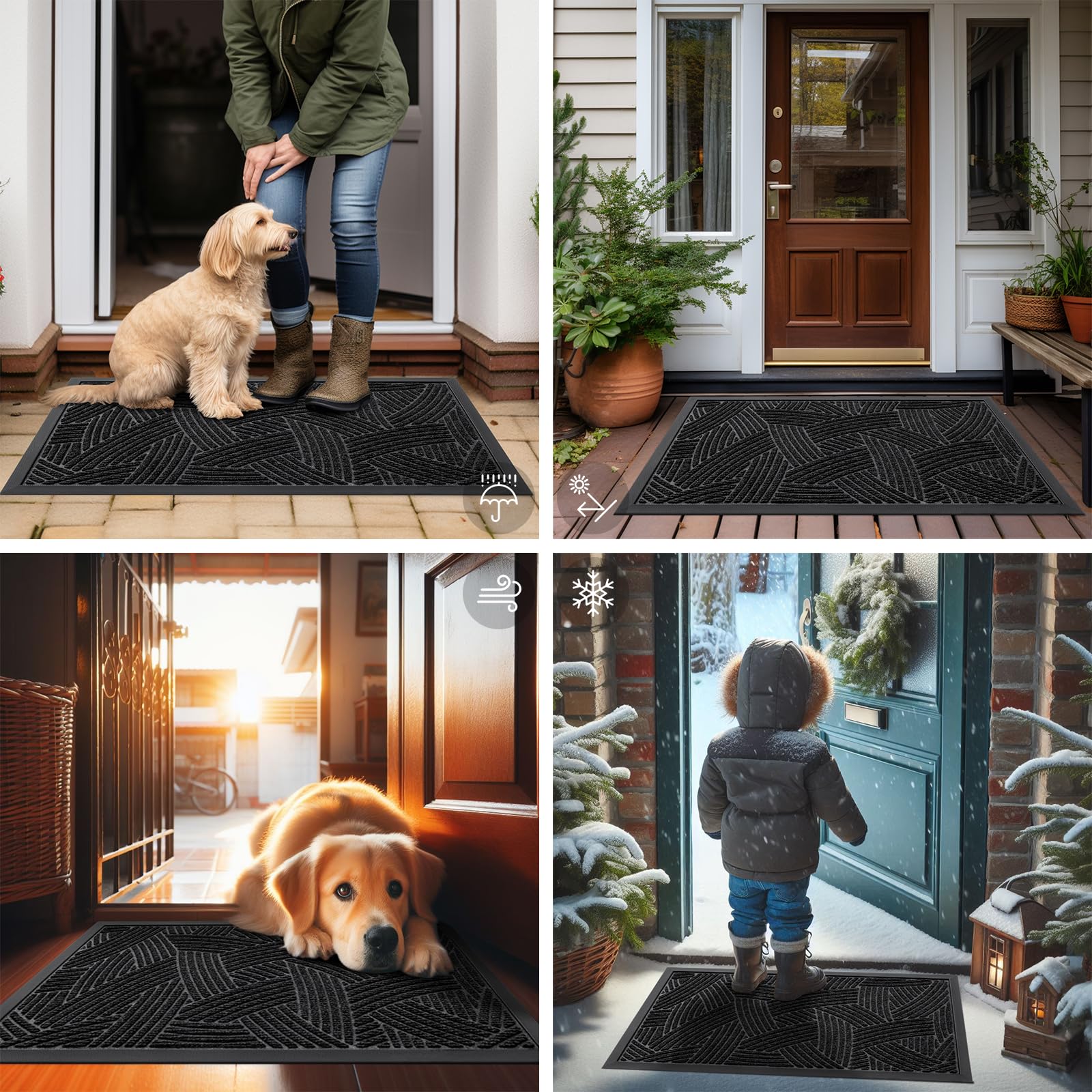 Smiry Front Door Mat Indoor Outdoor Entrance, Heavy Duty Natural Rubber Mat, Sturdy Trap Dirt and Moisture Outdoor Door Mat, Easy Clean Low Profile Patio Porch Entryway Mat, 29.5x17 Inch, Black