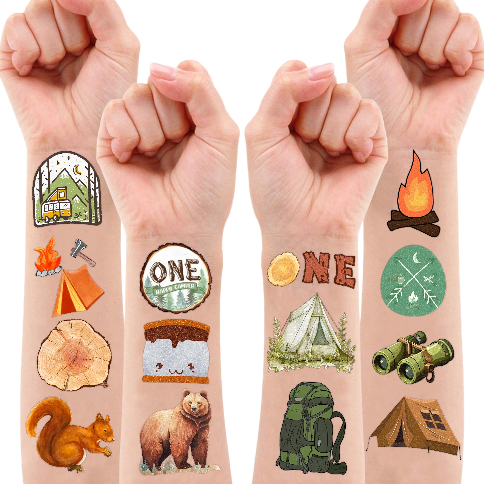 Cute Camper Temporary Tattoos Camping First Birthday Party Decorations Favors Supplies 1st Themed Stickers 10 Sheets 100 PCS Gifts for Baby Kids Girls Boys Decor Class School Carnival Christmas