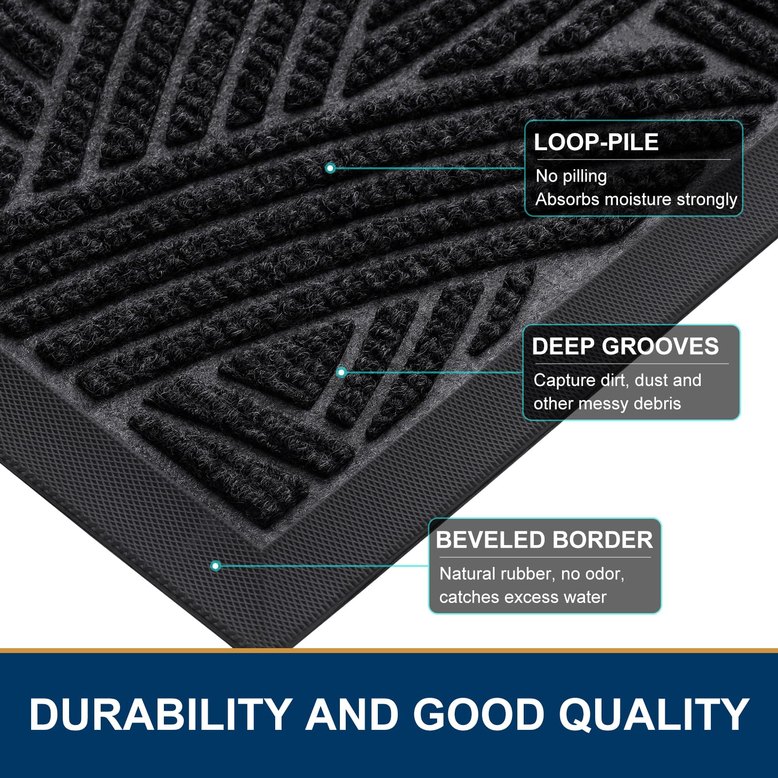 Smiry Front Door Mat Indoor Outdoor Entrance, Heavy Duty Natural Rubber Mat, Sturdy Trap Dirt and Moisture Outdoor Door Mat, Easy Clean Low Profile Patio Porch Entryway Mat, 29.5x17 Inch, Black