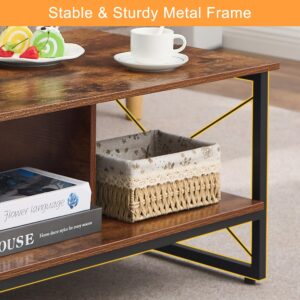 VECELO Wood 2-Tier Black Coffee Table with Storage Shelf for Living Room/Office Reception, Metal Frame & Wooden Tabletop, Modern Design, Brown