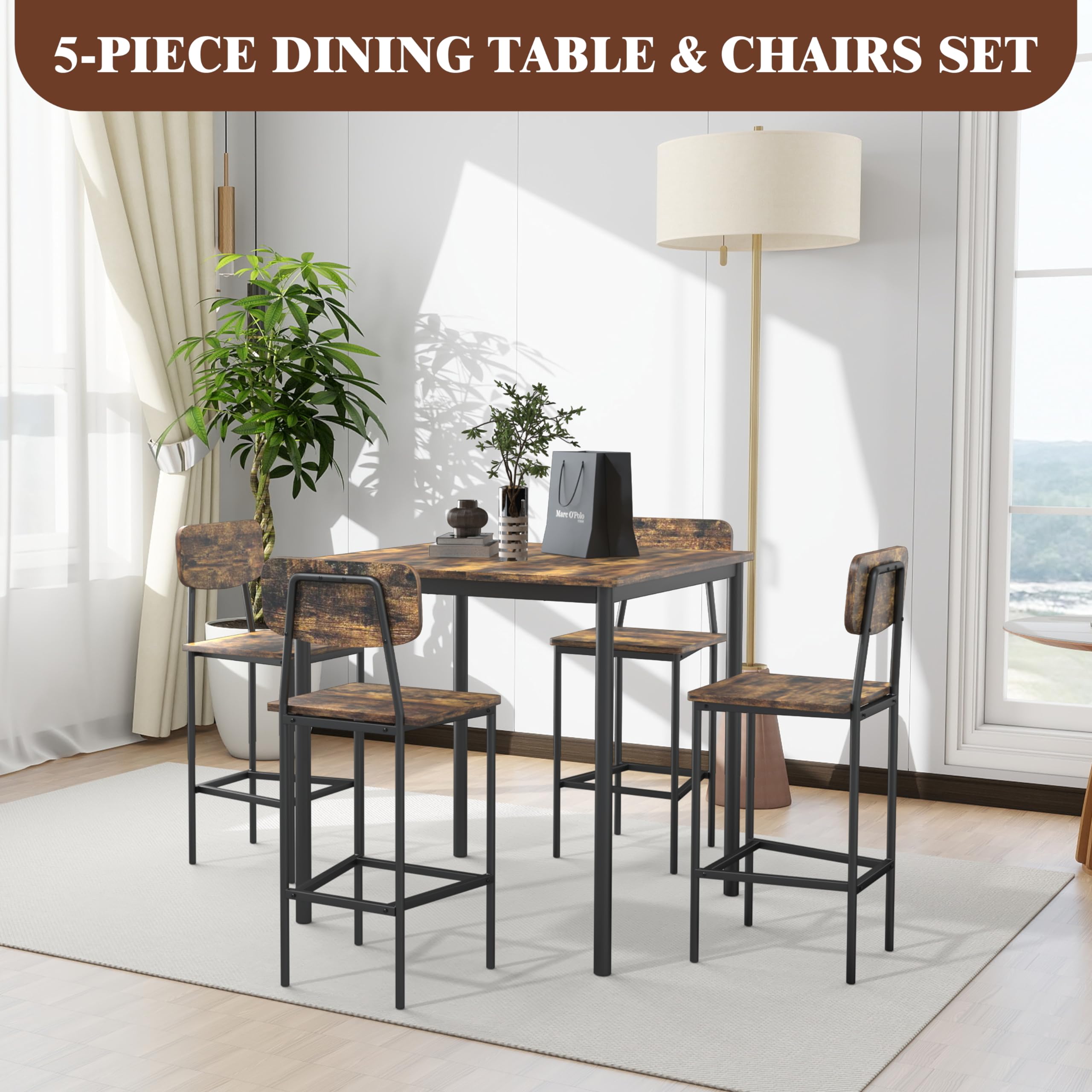 TJYGO Kitchen Table and Chairs for 4, Dining Table Set for 4 with Space-Saving Design, Industrial Dining Room Table Set for Family Dinner, Party, Rustic Brown