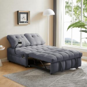 48" convertible sleeper sofa couch bed,3-in-1 velvet tufted pull out couch with usb&type-c charge ports and phone holders,comfy modern loveseat sleeper chaise lounge for living room,small space(grey)