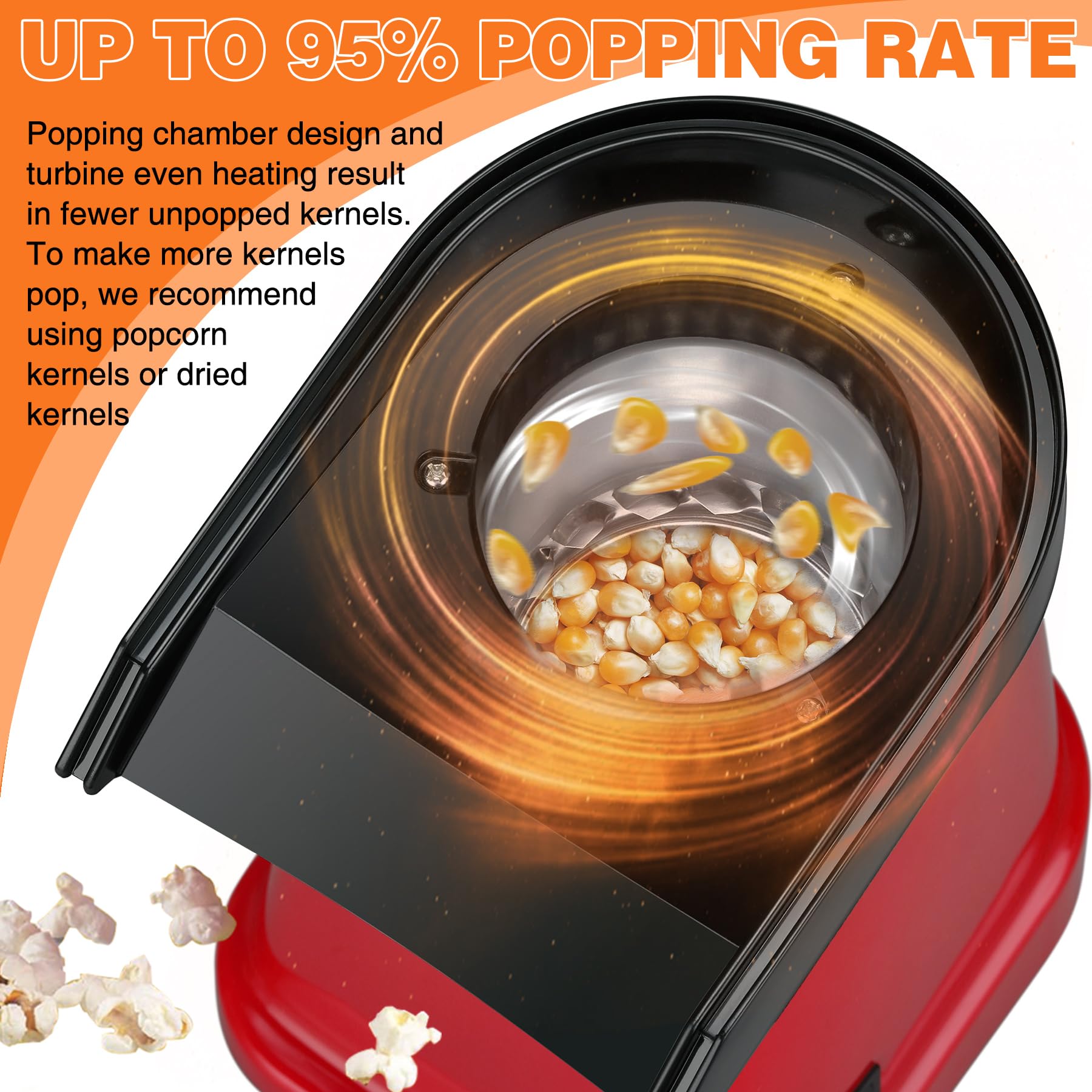 ATSENT Hot Air Popcorn Popper Maker with Popcorn Bowl, Fast Popcorn Machine in Minutes with Measuring Cup and Butter Melting Tray for Party Kids,16 Cups, Red