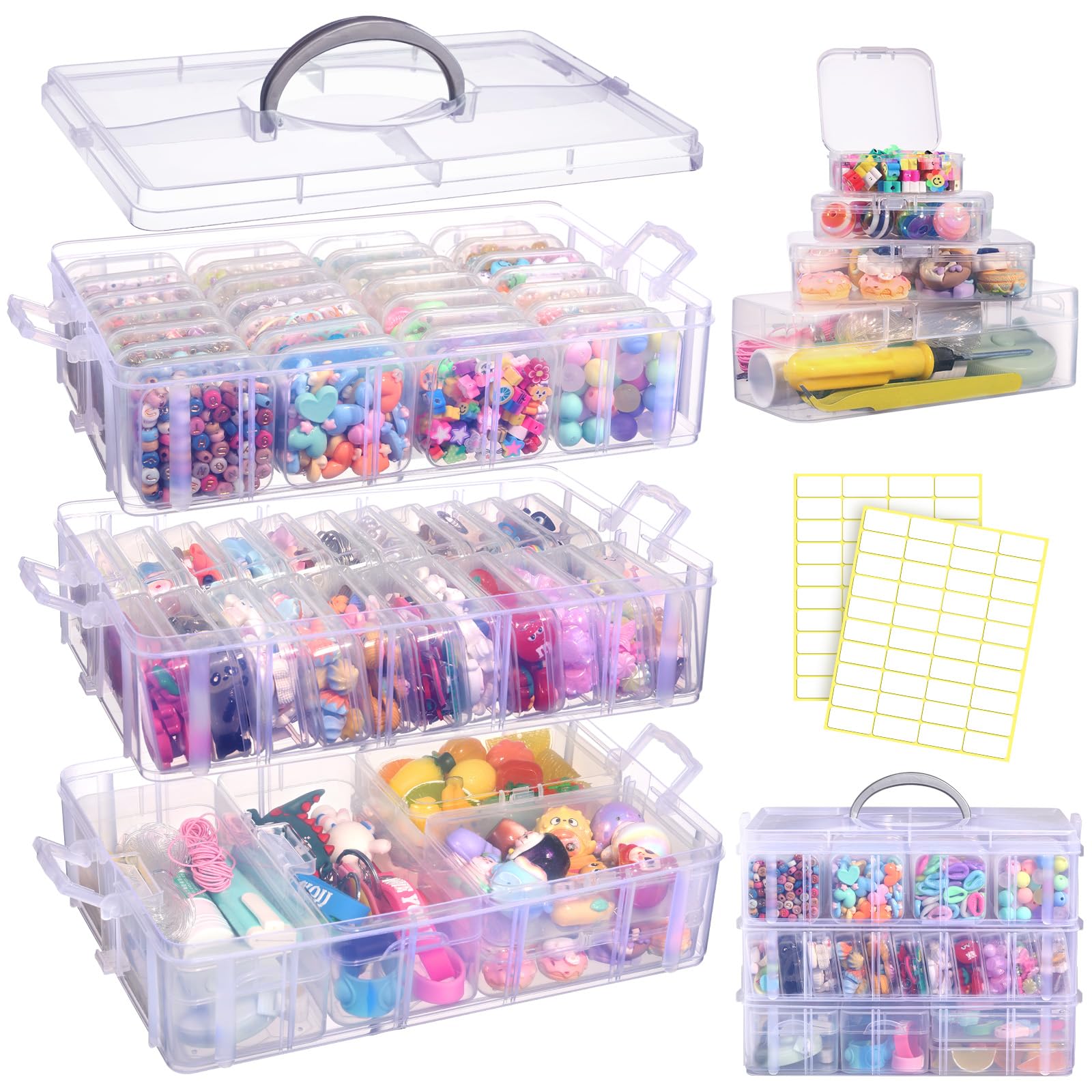 Funtopia Bead Organizers and Storage, 56 Pcs Small Plastic Containers with Lids and 3-Tier Stackable Storage Box, Mini Clear Organizers for Jewelry Toys Craft Storage (4 Sizes)