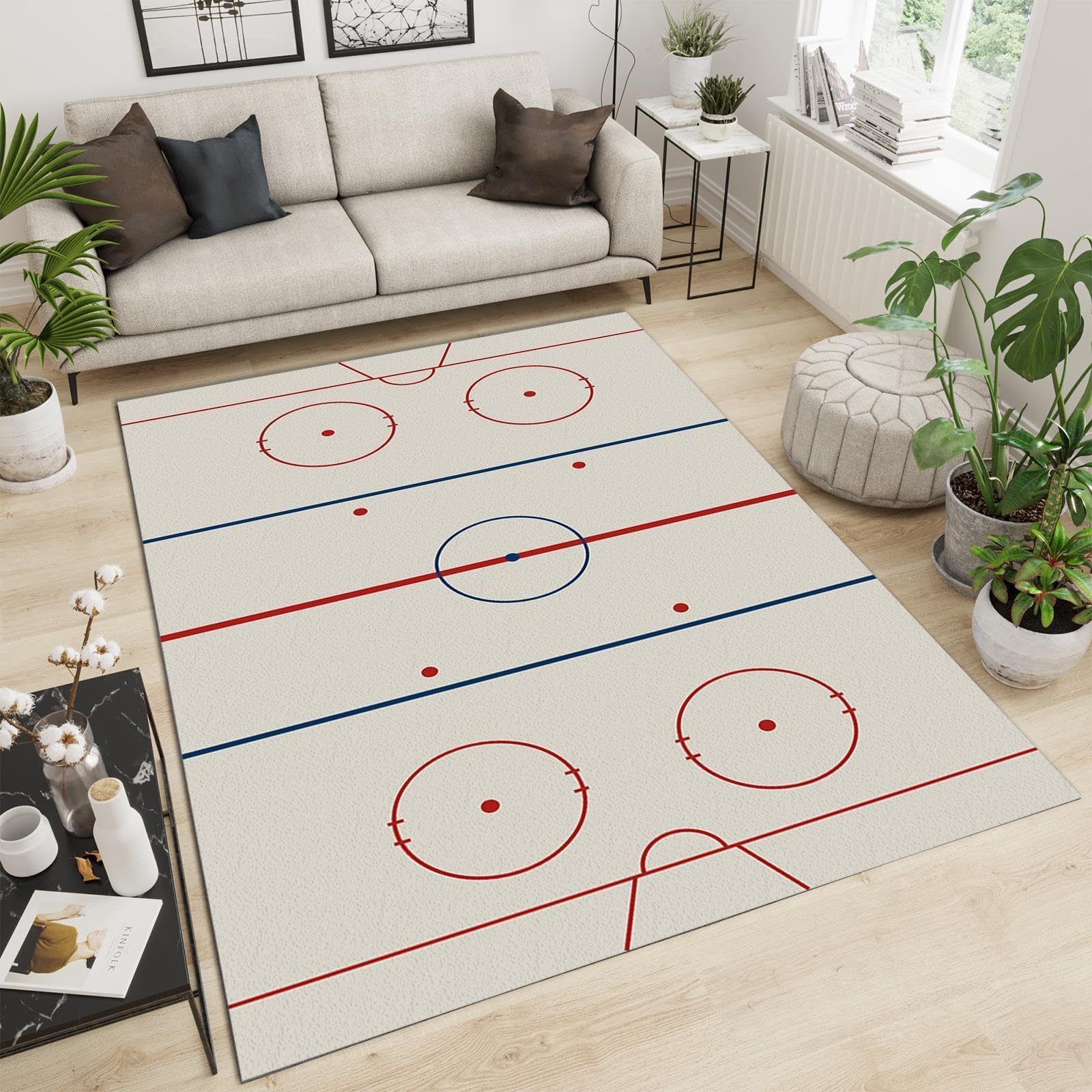 Blue and White Ice Hockey Stadium Area Rug, Simple Ice Hockey Rink Rugs Floor Carpet, Indoor Non-Slip Rug for Room Sofa Living Room Mat Bedroom Home Decor Floor Mats 6ftx9ft