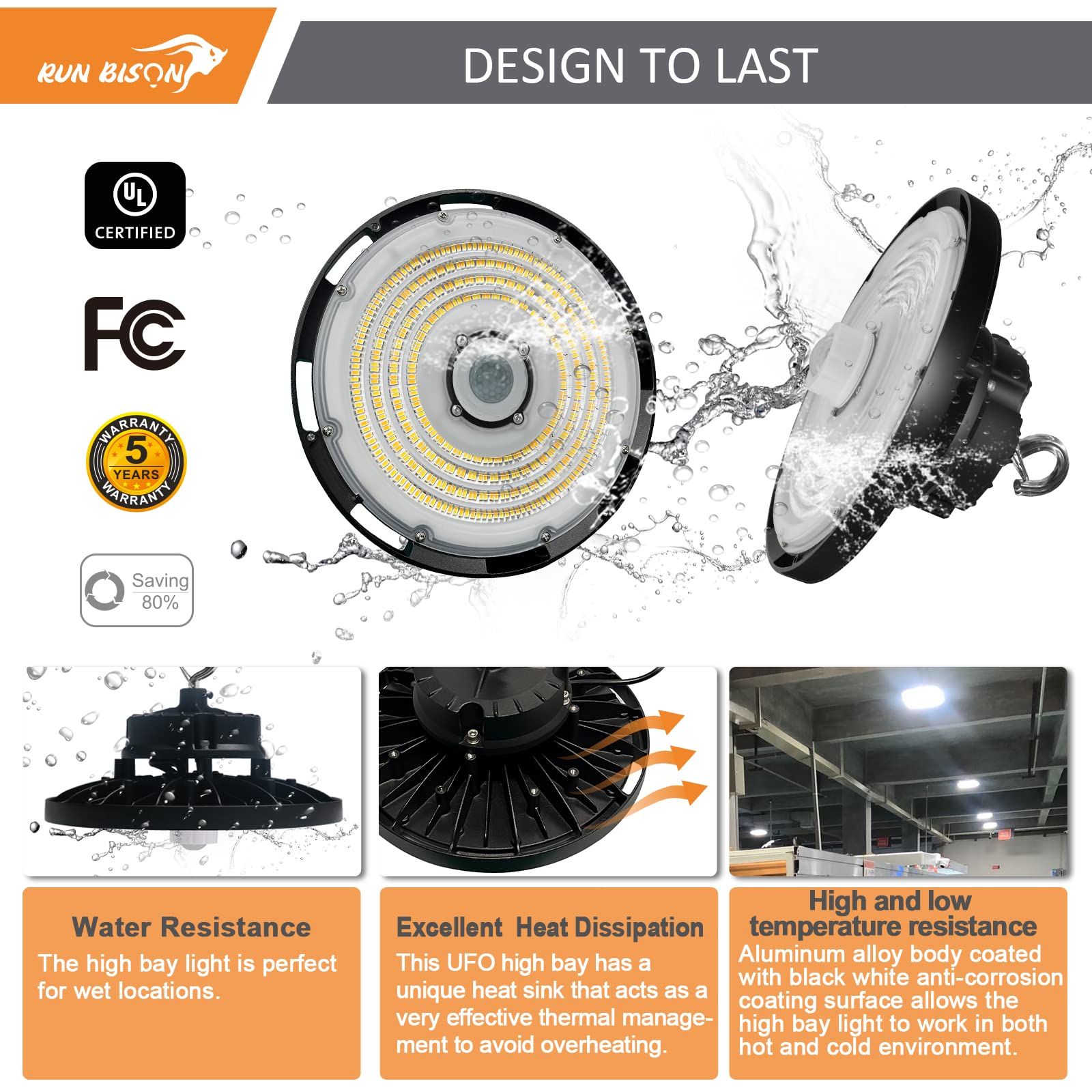 Run Bison LED High Bay Light with Motion Sensor, Adjustable Power 150w/200w/240w, 22500lm/30000lm/36000lm. 3CCT 3000K/4000K/5000K,0-10V Dimmable UFO High Bay Light with Preinstalled Hook - 8PK