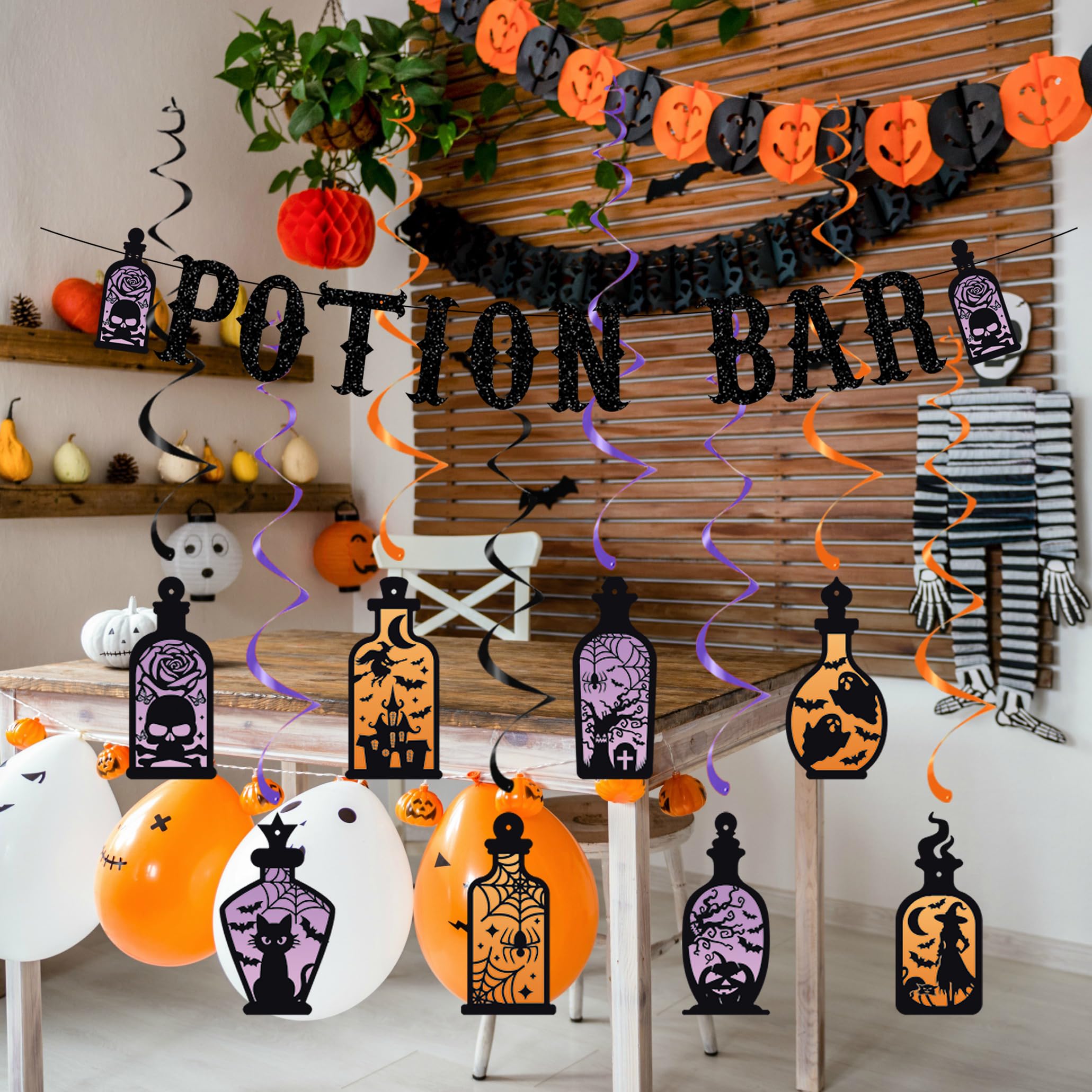 Pre-Strung Potion Bar Banner for Halloween Party Decorations with Potion Bar Hanging Swirls, Halloween Party Banner, Halloween Bar Sign Decorations for Mantel, Halloween Haunted Mansion Decorations