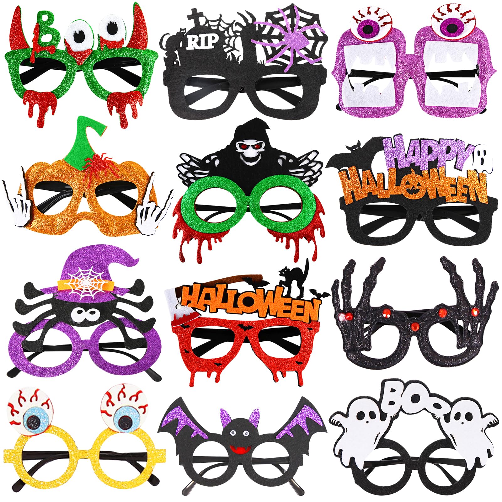 Bluegogo Halloween Glasses 12PCS Glitter Halloween Eyeglasses for Kids Adults Funny Halloween Party Favors Photo Booth Props Pumpkin Spider Web Funny Party Decorations