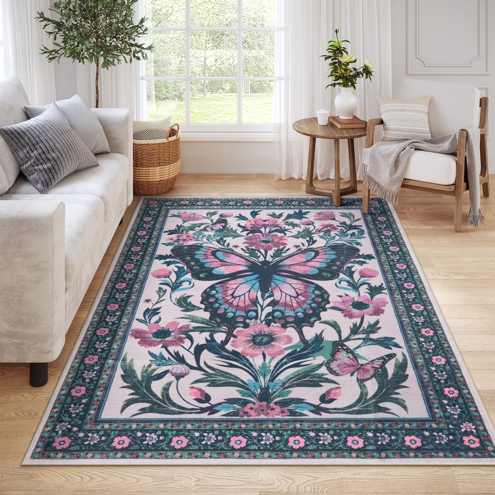 Uphome Living Room Rug 5x7 Rug, Boho Washable Pink Rugs for Bedroom Girls, Non-Slip Soft Modern Nursery Rug, Butterfly Print Low Pile Accent Carpet for Dining Room Office Kids Playroom