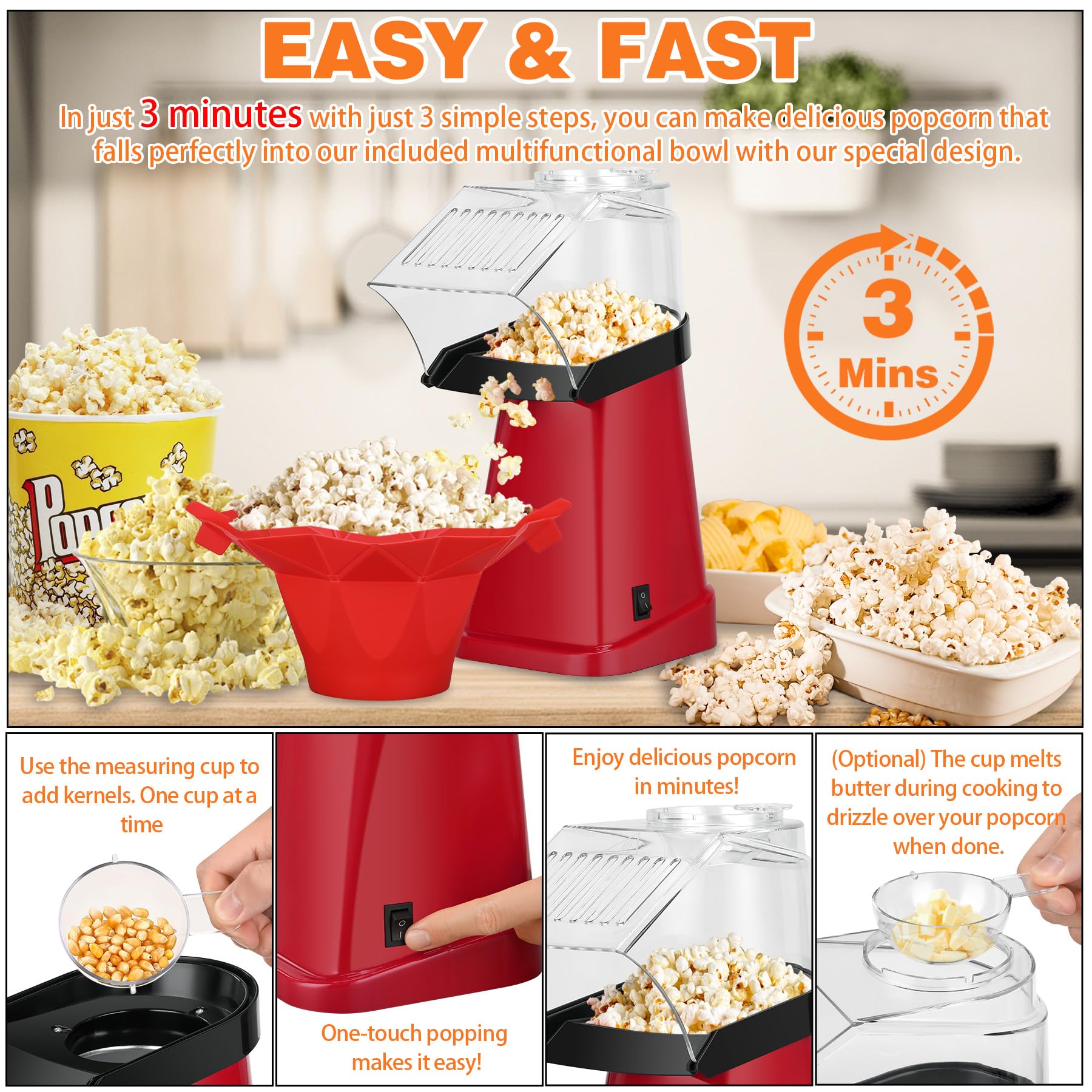 ATSENT Hot Air Popcorn Popper Maker with Popcorn Bowl, Fast Popcorn Machine in Minutes with Measuring Cup and Butter Melting Tray for Party Kids,16 Cups, Red