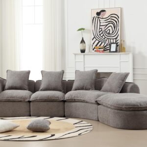 Haplized 137.8” Curved Boucle Sofa Couch, Modern Sectional Sofa Cloud Deep Seat Couch with 4 Pillows, Comfy Modular 5-Seat Couches for Living Room Apartment (Grey)