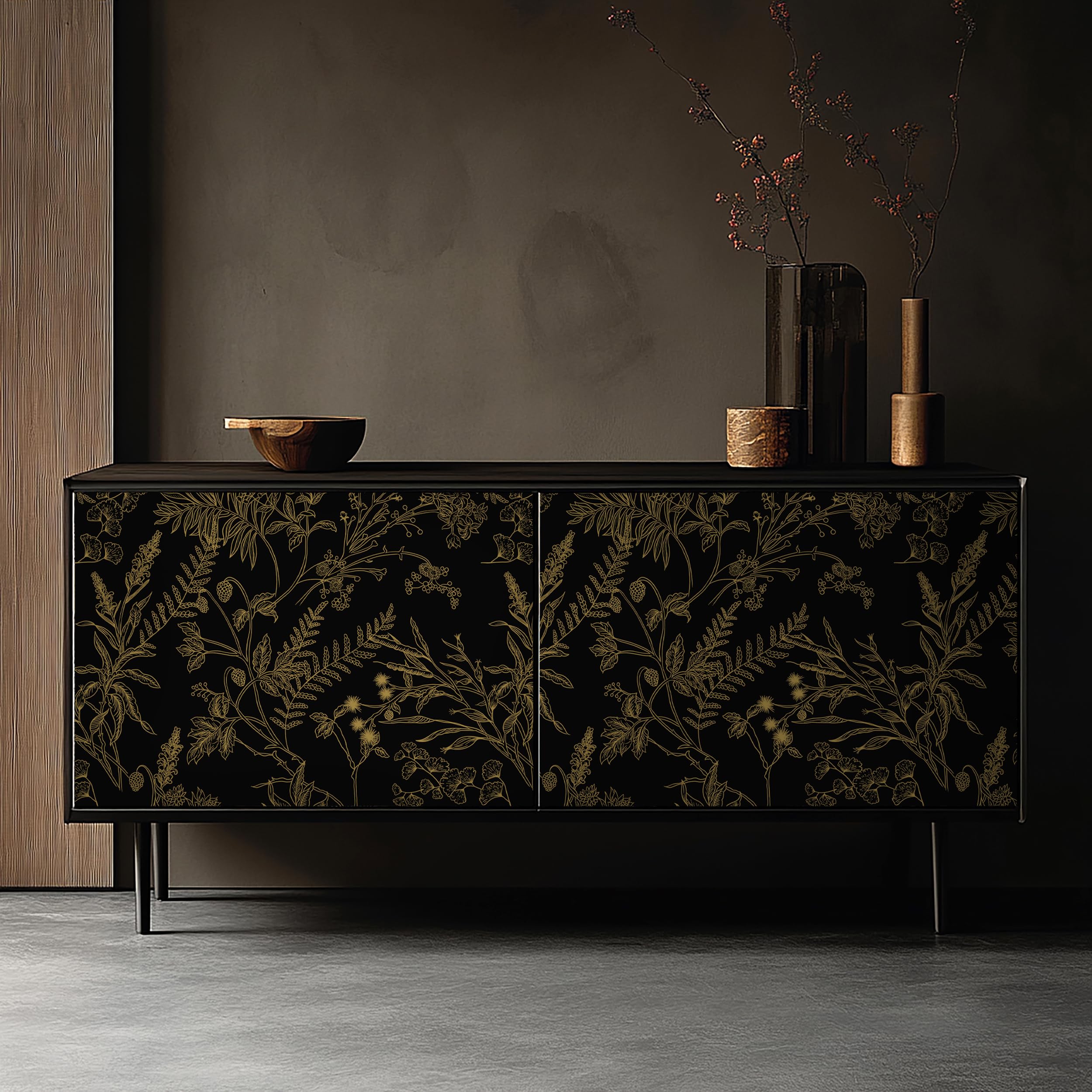 EeeComing Peel and Stick Wallpaper Black and Gold Floral Wallpaper Gold Floral Contact Paper Removable Self Adhesive Wallpaper for Wall Cabinets Vinyl Roll 78.7"x17.3"