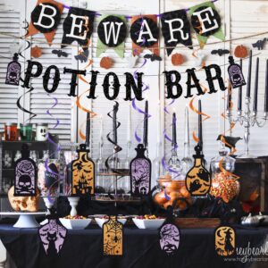 Pre-Strung Potion Bar Banner for Halloween Party Decorations with Potion Bar Hanging Swirls, Halloween Party Banner, Halloween Bar Sign Decorations for Mantel, Halloween Haunted Mansion Decorations