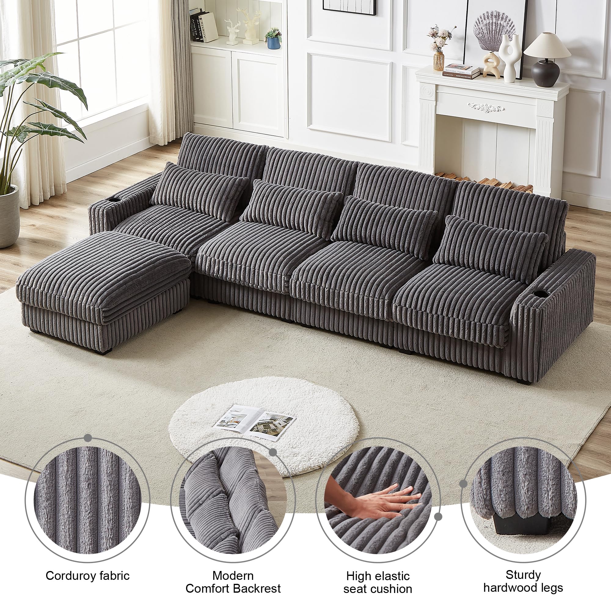 BUIORD 128" Oversized Modular Corduroy Sofa,L-Shaped Upholstered Sofa with Ottoman&Cup Holders,4-Seater Convertible Sofa with Charge Port&Waist Pillows&Back Cushion for Living Room (Grey)