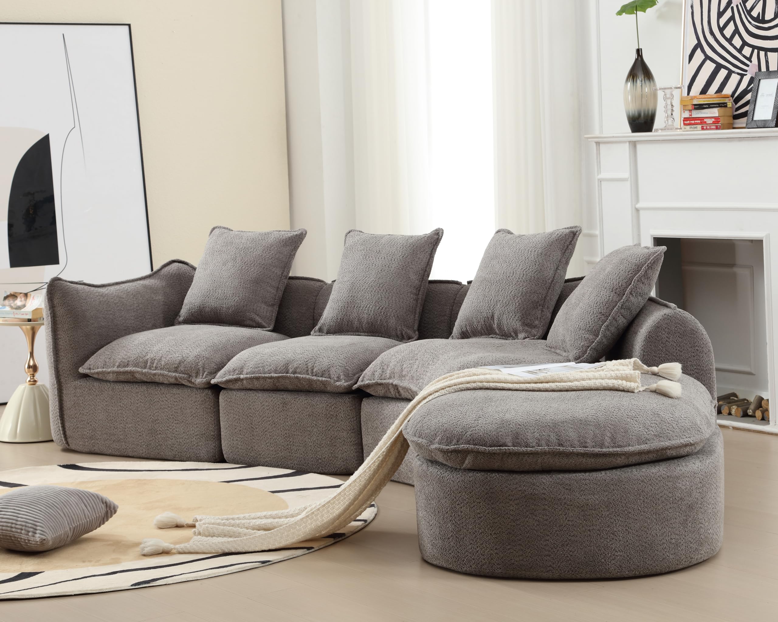 Haplized 137.8” Curved Boucle Sofa Couch, Modern Sectional Sofa Cloud Deep Seat Couch with 4 Pillows, Comfy Modular 5-Seat Couches for Living Room Apartment (Grey)