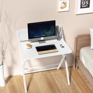 Vipass 2-Tier Folding Home Office Desk,Not Require Assembly,Space Saving Portable Laptop Study Foldable Table for Small Spaces,White