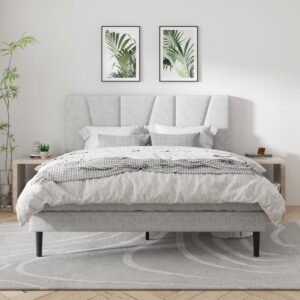 cxvx queen size platform bed frame with geometric upholstered headboard, noise free, wooden slats support, no box spring needed, easy assembly, light grey, linen