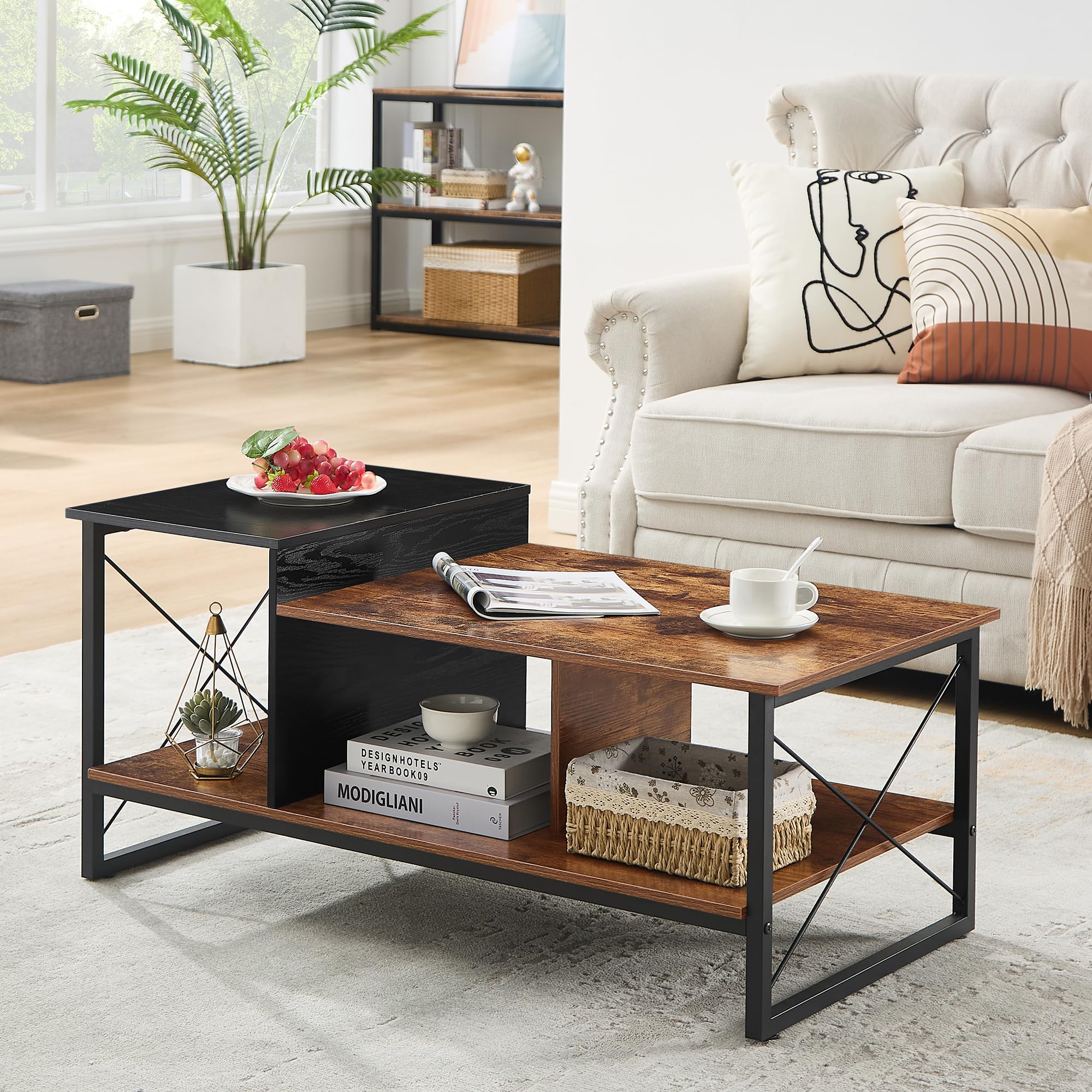 VECELO Wood 2-Tier Black Coffee Table with Storage Shelf for Living Room/Office Reception, Metal Frame & Wooden Tabletop, Modern Design, Brown