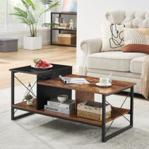 vecelo wood 2-tier black coffee table with storage shelf for living room/office reception, metal frame & wooden tabletop, modern design, brown