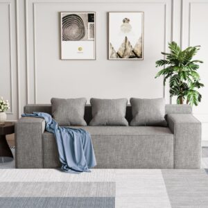 purrjoys modern 3-seater sofa, hybrid sofa in a box, no assembly required, comfy sofa couch with 3 matching pillows, cat-scratch resistant linen, couch for living room or bedroom, grey