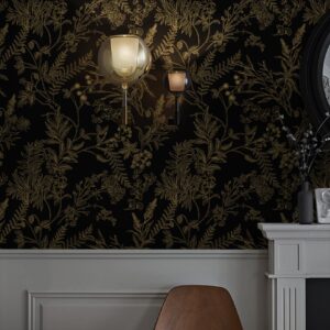 EeeComing Peel and Stick Wallpaper Black and Gold Floral Wallpaper Gold Floral Contact Paper Removable Self Adhesive Wallpaper for Wall Cabinets Vinyl Roll 78.7"x17.3"