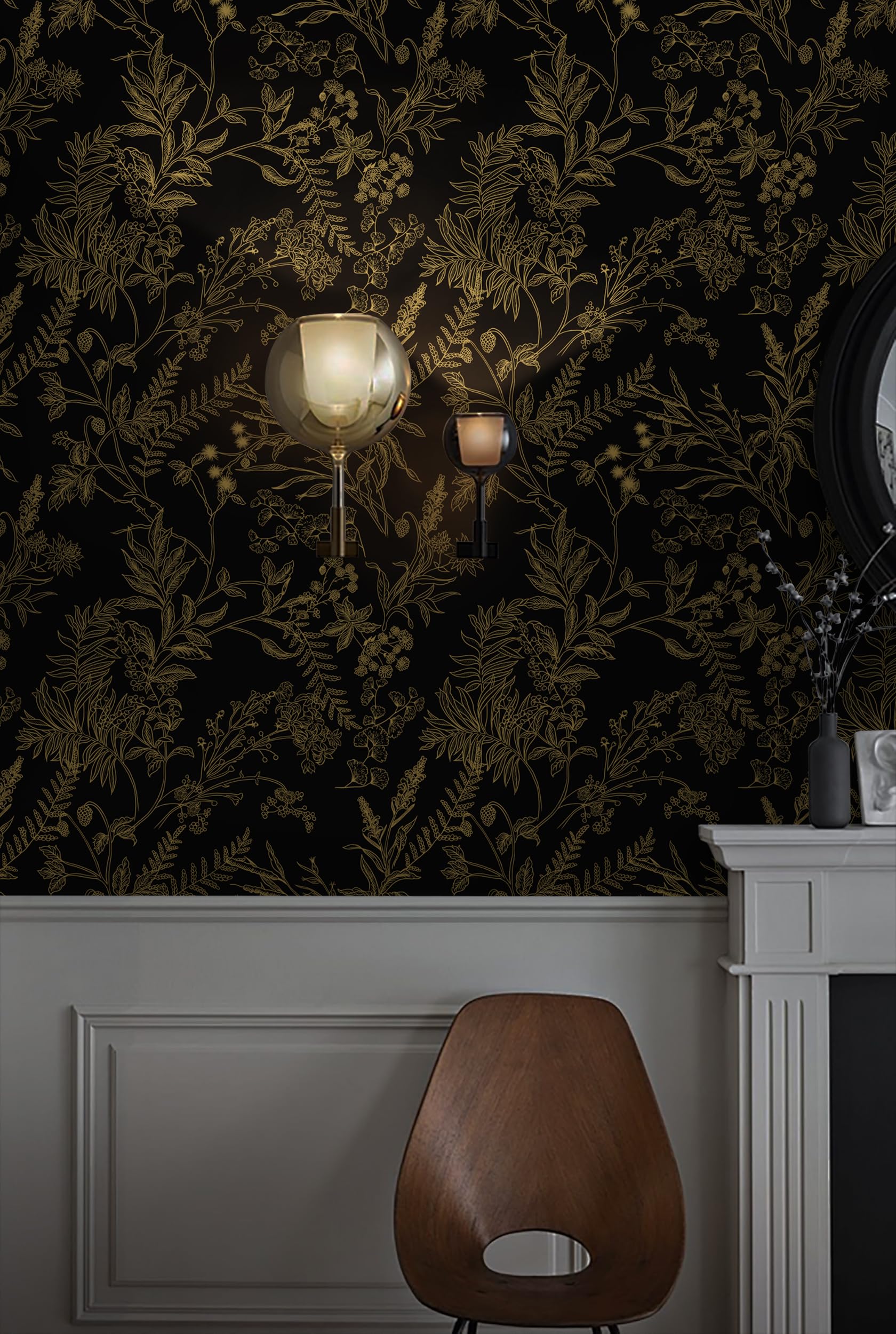 EeeComing Peel and Stick Wallpaper Black and Gold Floral Wallpaper Gold Floral Contact Paper Removable Self Adhesive Wallpaper for Wall Cabinets Vinyl Roll 78.7"x17.3"