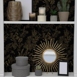 EeeComing Peel and Stick Wallpaper Black and Gold Floral Wallpaper Gold Floral Contact Paper Removable Self Adhesive Wallpaper for Wall Cabinets Vinyl Roll 78.7"x17.3"