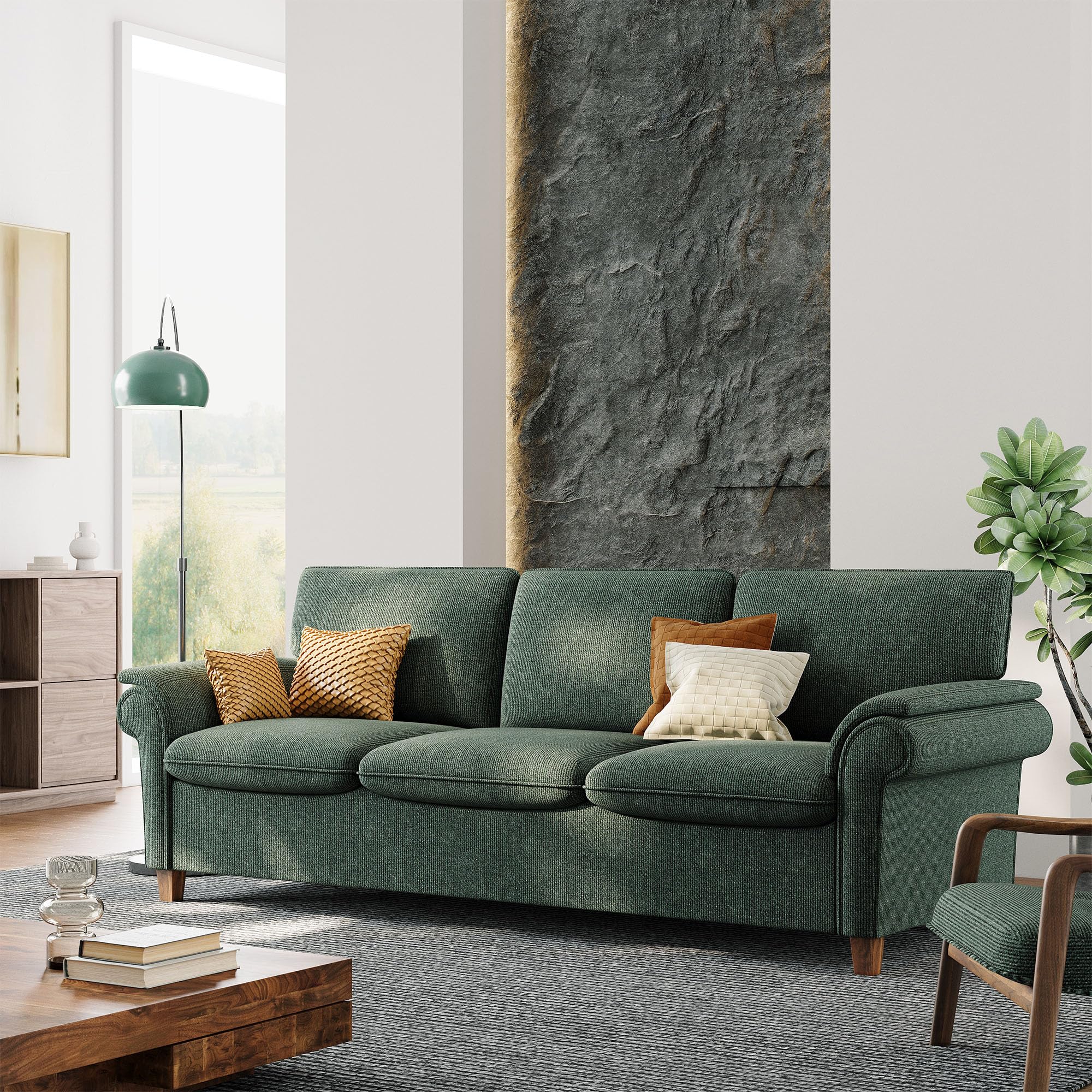 LIKIMIO Sofa 89 Inch, Comfy Sofa Couch with USP Port, Extra Deep Seats Modern 3 Seater Sofa, Couch for Living Room Apartment Lounge, Green Chenille