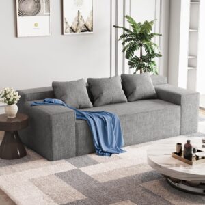 PurrJoys Modern 3-Seater Sofa, Hybrid Sofa in a Box, No Assembly Required, Comfy Sofa Couch with 3 Matching Pillows, Cat-Scratch Resistant Linen, Couch for Living Room or Bedroom, Grey