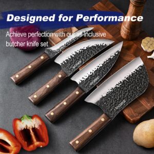 JDRICHX Butcher Knife Set,4 PCS Ultra Sharp Hand Forged Serbian Chef Knife Meat Cleaver Boning Viking Knife Set-Full Tang Knife set,High Carbon & Ergonomic Handle,for Home Cooking,Outdoor BBQ&Camping