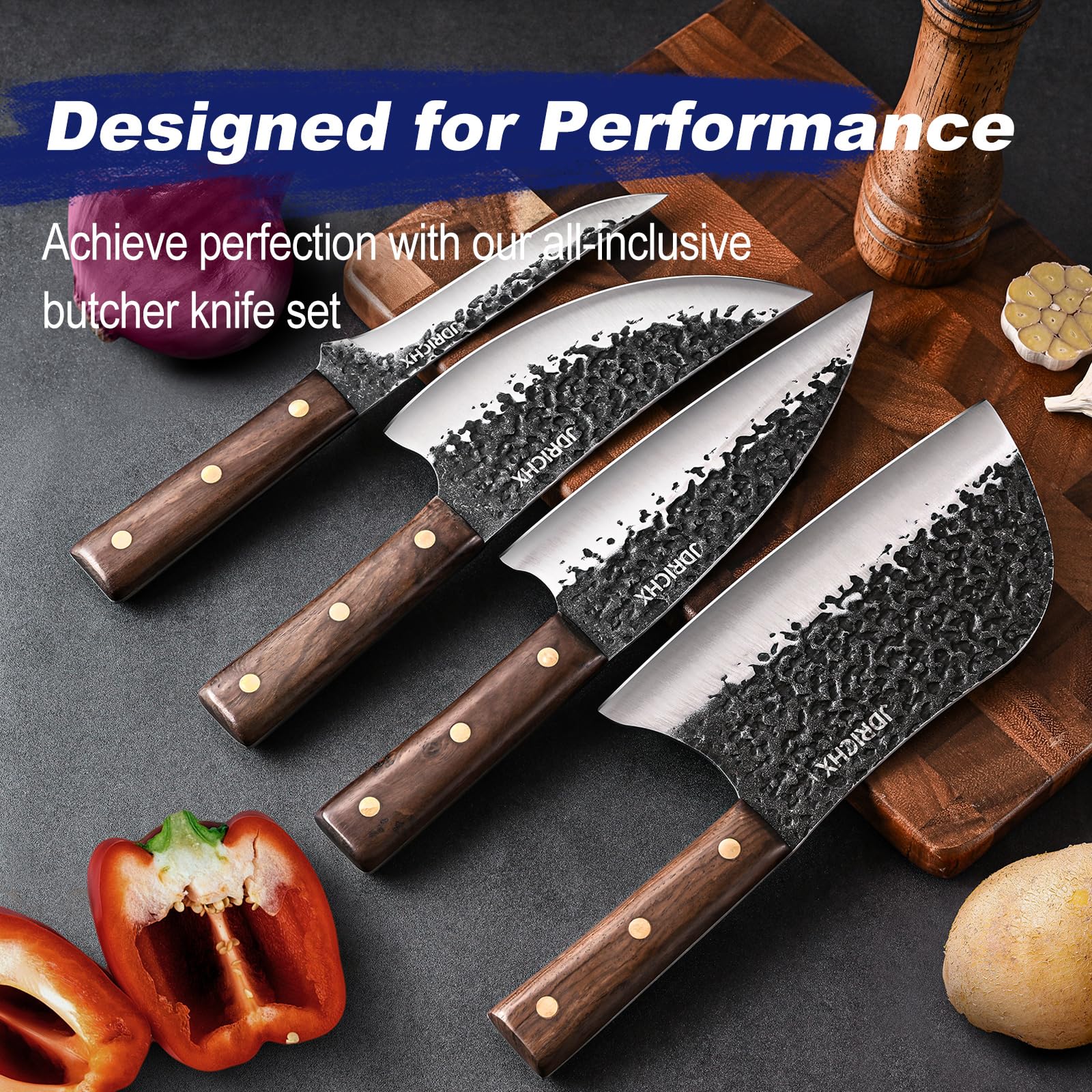 JDRICHX Butcher Knife Set,4 PCS Ultra Sharp Hand Forged Serbian Chef Knife Meat Cleaver Boning Viking Knife Set-Full Tang Knife set,High Carbon & Ergonomic Handle,for Home Cooking,Outdoor BBQ&Camping