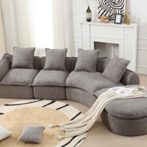 Haplized 137.8” Curved Boucle Sofa Couch, Modern Sectional Sofa Cloud Deep Seat Couch with 4 Pillows, Comfy Modular 5-Seat Couches for Living Room Apartment (Grey)