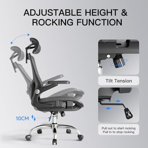 Ergonomic Office Chair, Mesh Office Chair with Rocking Function,Ergonomic Chair with 3D Headrest, 3D Armrests, and Adjustable Lumbar Support,SGS Class 4 Gas Clylinder 300 Lbs Capacity