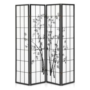 athena collection 4 panel room dividers bamboo printing privacy screen, 5.9ft japanese folding partition room divider portable freestanding wood room separation wall for bedroom home office, black