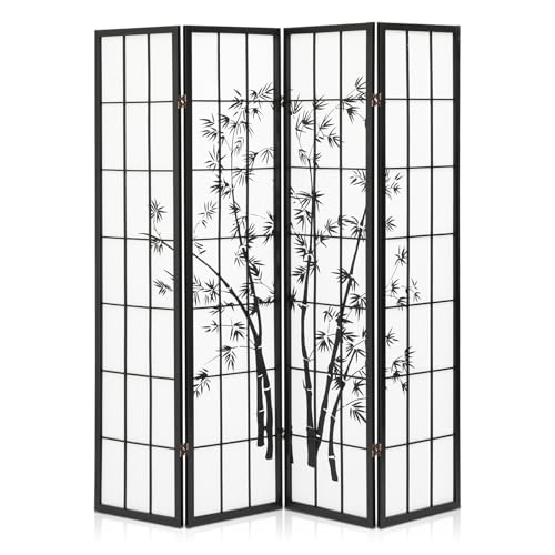 Athena Collection 4 Panel Room Dividers Bamboo Printing Privacy Screen, 5.9ft Japanese Folding Partition Room Divider Portable Freestanding Wood Room Separation Wall for Bedroom Home Office, Black