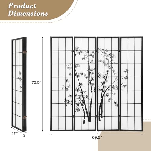 Athena Collection 4 Panel Room Dividers Bamboo Printing Privacy Screen, 5.9ft Japanese Folding Partition Room Divider Portable Freestanding Wood Room Separation Wall for Bedroom Home Office, Black